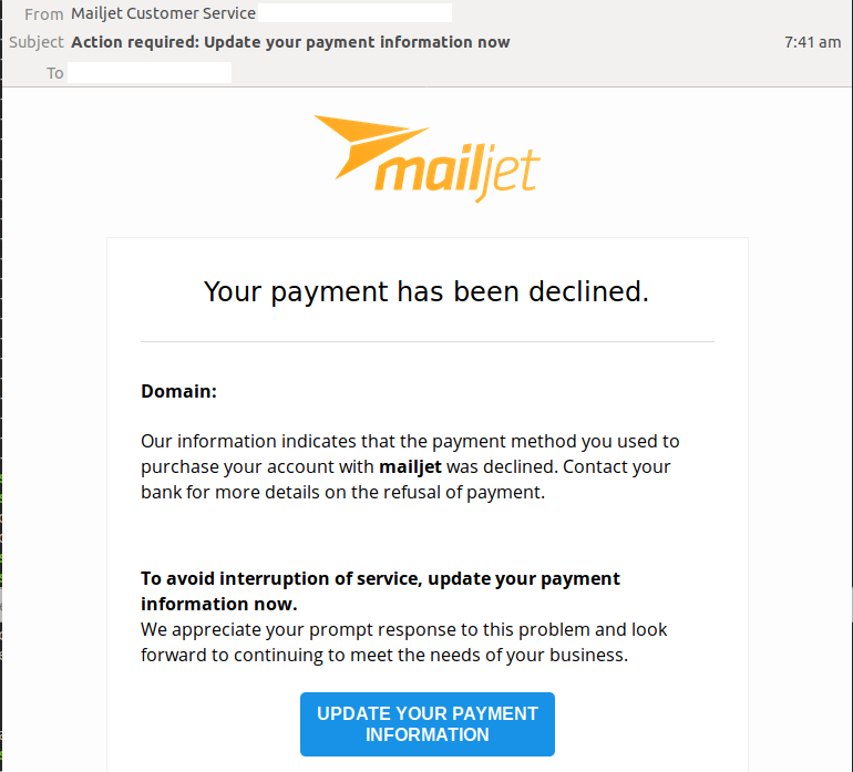 Phishing Email Impersonates Mailjet Claims Your payment Has Been 